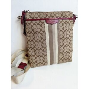Coach Swingpack File‎ Crossbody Bag Purse Jacquard Dark Red Trim Stripe